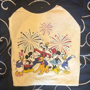 Vintage Disney White & Navy Raglan Tee with Mickey & Friends Fireworks
